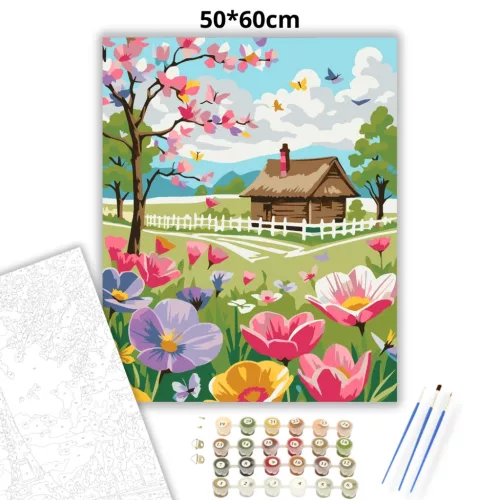 Nádfedeles házikó - számfestő készlet - Számfestő.hu - 50×60cm - Keretre feszítve