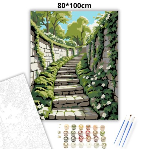 Tavaszi kőlépcső csendje - számfestő készlet - Számfestő.hu - 80×100cm - Keretre feszítve
