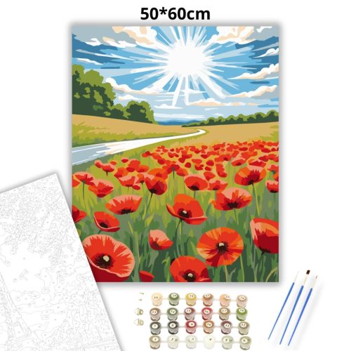 Napsugaras pipacsmező - számfestő készlet - Számfestő.hu - 50×60cm - Keretre feszítve