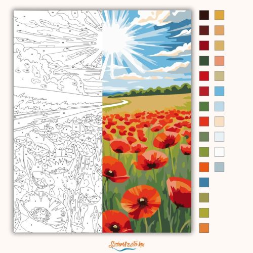 Napsugaras pipacsmező - számfestő készlet - Számfestő.hu - 80×100cm - Keretre feszítve