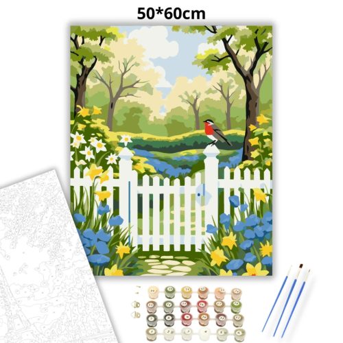 Tavaszi vörösbegy a kapun - számfestő készlet - Számfestő.hu - 50×60cm - Keretre feszítve