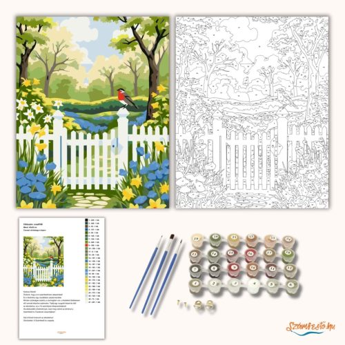 Tavaszi vörösbegy a kapun - számfestő készlet - Számfestő.hu - 50×60cm - Keretre feszítve