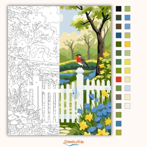 Tavaszi vörösbegy a kapun - számfestő készlet - Számfestő.hu - 60×70cm - Keret nélkül