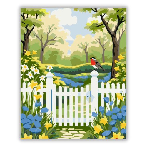 Tavaszi vörösbegy a kapun - számfestő készlet - Számfestő.hu - 60×70cm - Keret nélkül