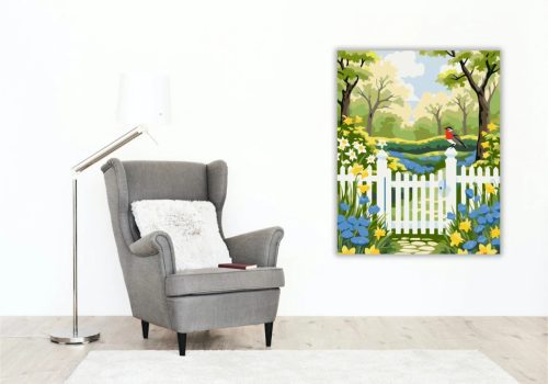 Tavaszi vörösbegy a kapun - számfestő készlet - Számfestő.hu - 60×70cm - Keret nélkül