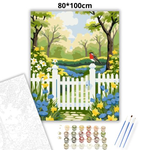Tavaszi vörösbegy a kapun - számfestő készlet - Számfestő.hu - 80×100cm - Keretre feszítve