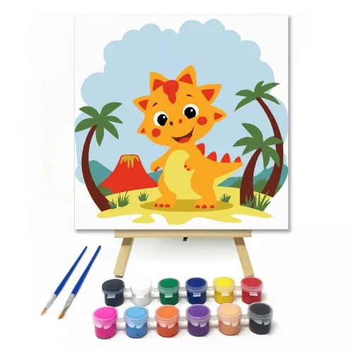 Vidám dinoszaurusz nyara - gyerek számfestő készlet - Számfestő.hu - 30×30cm - Keretre feszítve