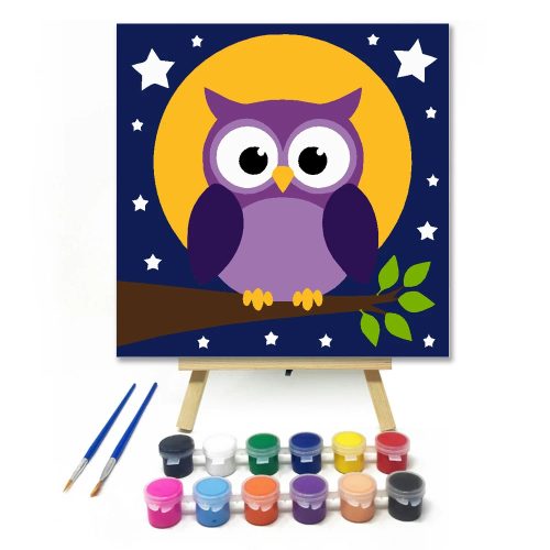 Éjszakai lila bagoly - gyerek számfestő készlet - Számfestő.hu - 50×50cm - Keretre feszítve