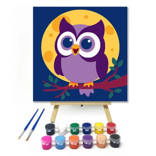 Mosolygós bagoly a holdfényben - gyerek számfestő készlet - Számfestő.hu - 20×20cm - Keretre feszítve