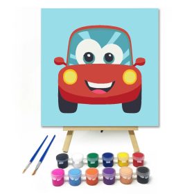 Mosolygós piros autó - gyerek számfestő készlet - Számfestő.hu - 20×20cm - Keret nélkül