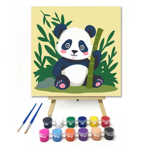 Békés pandamaci bambusszal - gyerek számfestő készlet - Számfestő.hu - 20×20cm - Keret nélkül