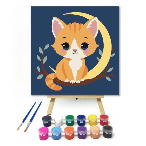 Álmodozó kiscica holdfényben - gyerek számfestő készlet - Számfestő.hu - 20×20cm - Keretre feszítve