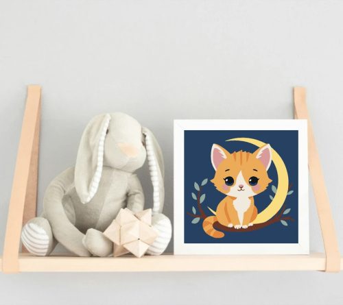 Álmodozó kiscica holdfényben - gyerek számfestő készlet - Számfestő.hu - 30×30cm - Keretre feszítve