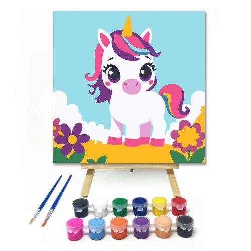 Bájos unikornis virágokkal - gyerek számfestő készlet - Számfestő.hu - 30×30cm - Keretre feszítve