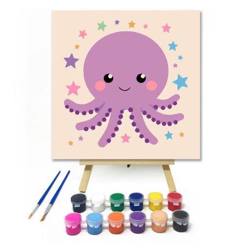 Kis lila polip - gyerek számfestő készlet - Számfestő.hu - 20×20cm - Keretre feszítve