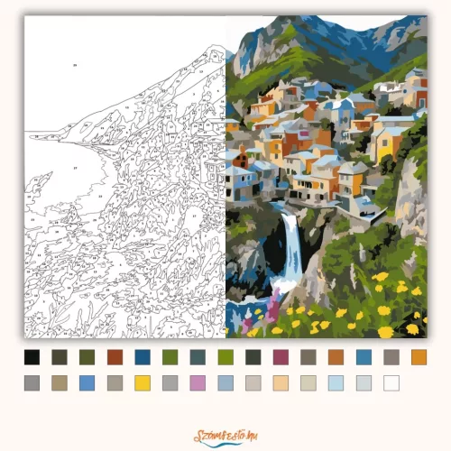 Sziklás tengerparti falu - számfestő készlet - Számfestő.hu - 50×60cm - Keretre feszítve