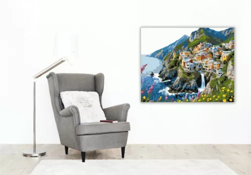 Sziklás tengerparti falu - számfestő készlet - Számfestő.hu - 60×70cm - Keret nélkül