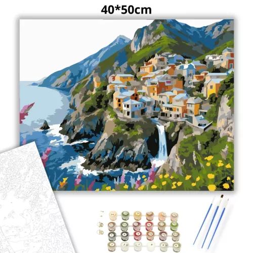 Sziklás tengerparti falu - számfestő készlet - Számfestő.hu - 40×50cm - Keretre feszítve