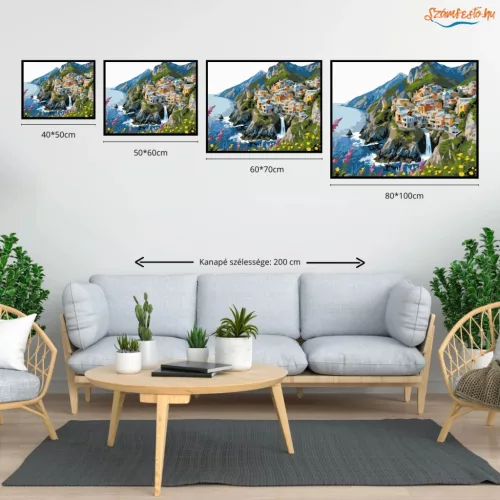 Sziklás tengerparti falu - számfestő készlet - Számfestő.hu - 40×50cm - Keretre feszítve