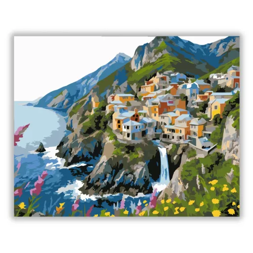 Sziklás tengerparti falu - számfestő készlet - Számfestő.hu - 40×50cm - Keretre feszítve