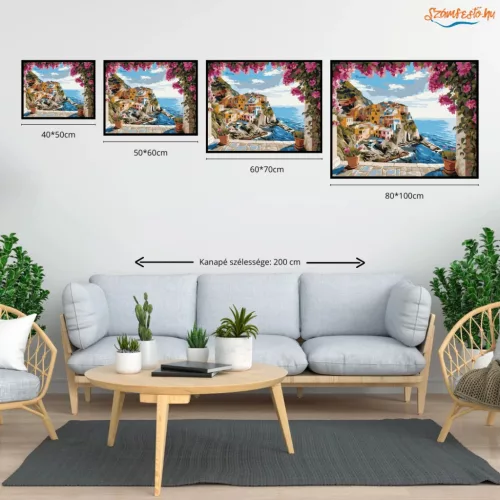 Napfényes Amalfi-kilátás - számfestő készlet - Számfestő.hu - 60×70cm - Keretre feszítve