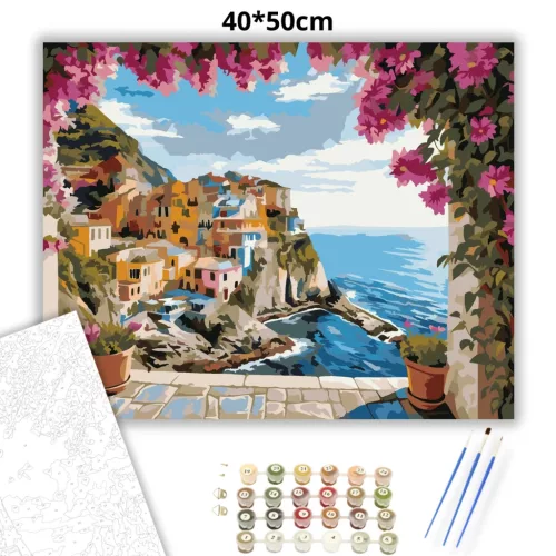 Napfényes Amalfi-kilátás - számfestő készlet - Számfestő.hu - 40×50cm - Keret nélkül