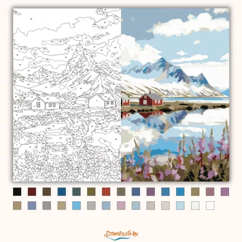 Piros házak a fjordnál - számfestő készlet - Számfestő.hu - 50×60cm - Keretre feszítve