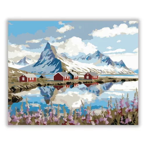 Piros házak a fjordnál - számfestő készlet - Számfestő.hu - 50×60cm - Keretre feszítve