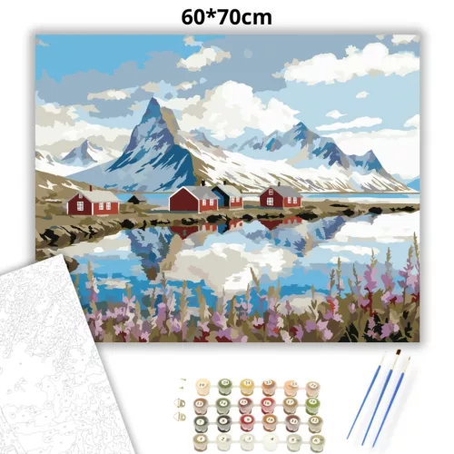 Piros házak a fjordnál - számfestő készlet - Számfestő.hu - 60×70cm - Keretre feszítve