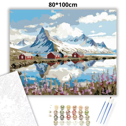 Piros házak a fjordnál - számfestő készlet - Számfestő.hu - 80×100cm - Keretre feszítve