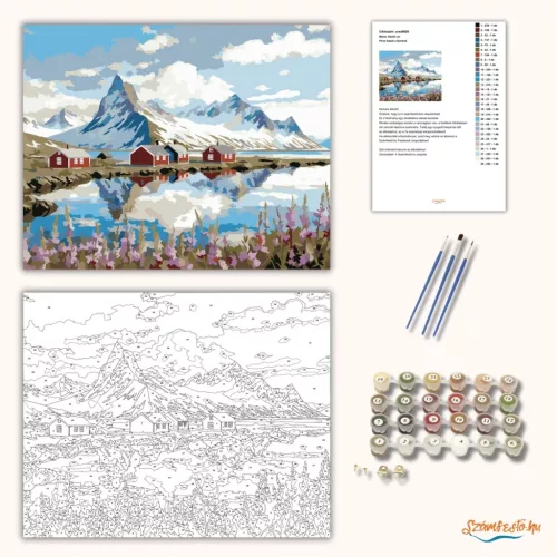 Piros házak a fjordnál - számfestő készlet - Számfestő.hu - 80×100cm - Keretre feszítve