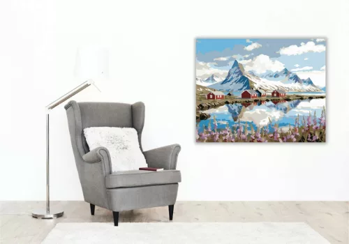 Piros házak a fjordnál - számfestő készlet - Számfestő.hu - 40×50cm - Keretre feszítve