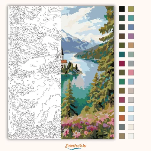 Bledi-tavi templom - számfestő készlet - Számfestő.hu - 50×60cm - Keret nélkül