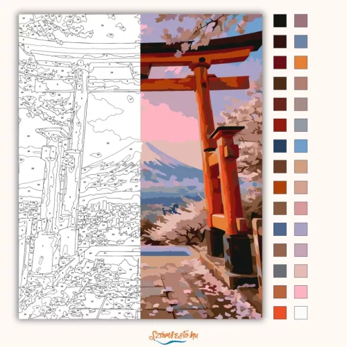 Rózsaszín hajnal a torii kapunál - számfestő készlet - Számfestő.hu - 60×70cm - Keret nélkül
