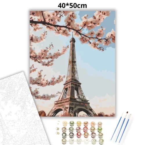 Tavaszi Eiffel-torony - számfestő készlet - Számfestő.hu - 40×50cm - Keret nélkül