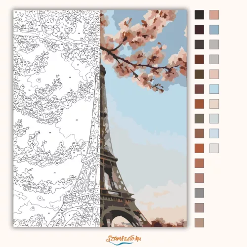 Tavaszi Eiffel-torony - számfestő készlet - Számfestő.hu - 40×50cm - Keretre feszítve