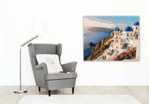 Napfényes szantorini panoráma - számfestő készlet - Számfestő.hu - 50×60cm - Keret nélkül