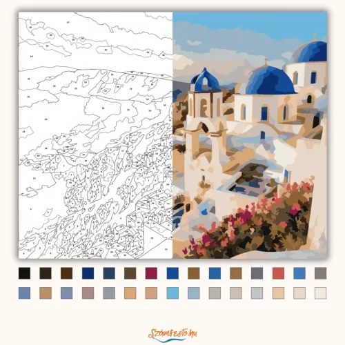 Napfényes szantorini panoráma - számfestő készlet - Számfestő.hu - 60×70cm - Keret nélkül