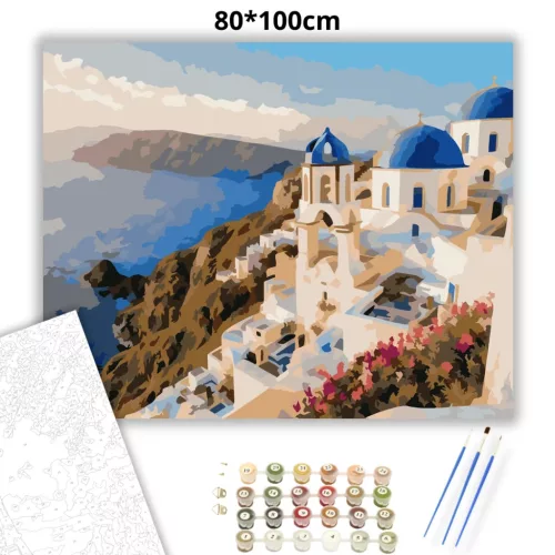 Napfényes szantorini panoráma - számfestő készlet - Számfestő.hu - 80×100cm - Keretre feszítve