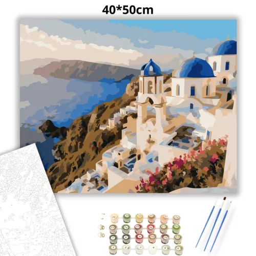 Napfényes szantorini panoráma - számfestő készlet - Számfestő.hu - 40×50cm - Keretre feszítve