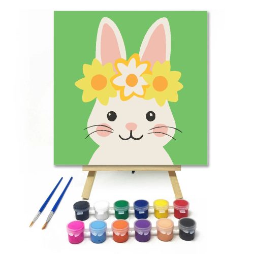 Mosolygós nyuszi koszorúban - gyerek számfestő készlet - Számfestő.hu - 20×20cm - Keretre feszítve