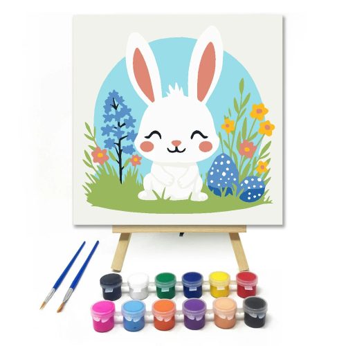 Húsvéti nyuszi tojásokkal - gyerek számfestő készlet - Számfestő.hu - 50×50cm - Keretre feszítve