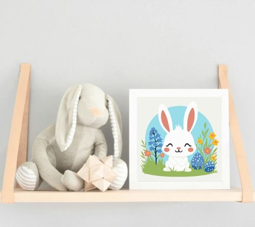 Húsvéti nyuszi tojásokkal - gyerek számfestő készlet - Számfestő.hu - 20×20cm - Keretre feszítve