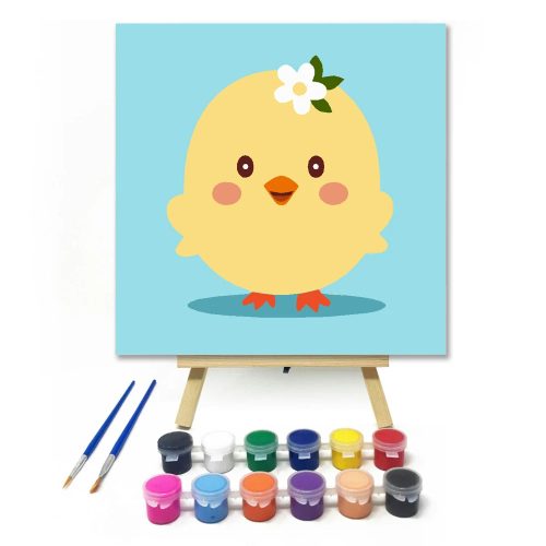 Kedves csibe virággal - gyerek számfestő készlet - Számfestő.hu - 40×40cm - Keretre feszítve