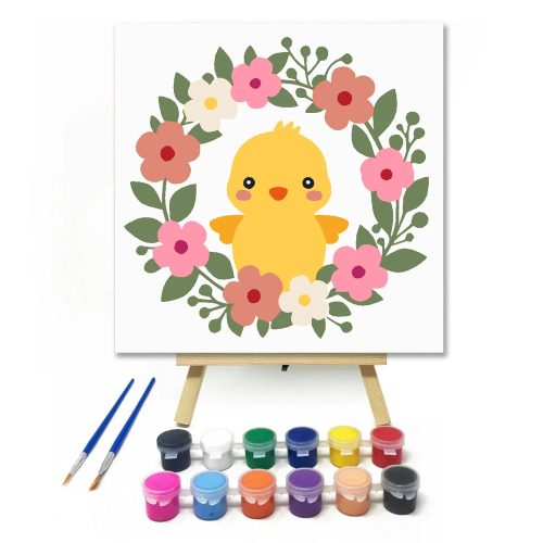 Kiscsibe virágkoszorúval - gyerek számfestő készlet - Számfestő.hu - 40×40cm - Keretre feszítve