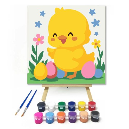 Mosolygós csibe - gyerek számfestő készlet - Számfestő.hu - 20×20cm - Keretre feszítve