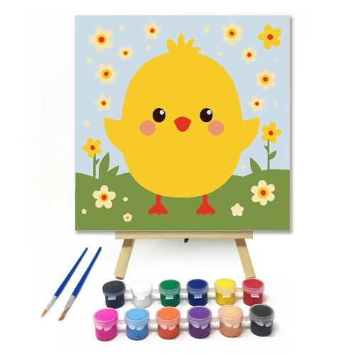 Vidám csibe virágokkal - gyerek számfestő készlet - Számfestő.hu - 40×40cm - Keret nélkül