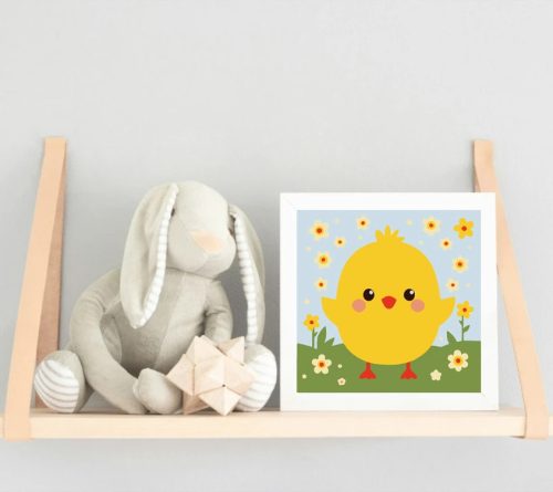 Vidám csibe virágokkal - gyerek számfestő készlet - Számfestő.hu - 30×30cm - Keret nélkül