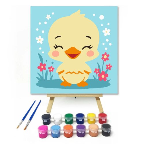 Mosolygós kiskacsa - gyerek számfestő készlet - Számfestő.hu - 20×20cm - Keretre feszítve