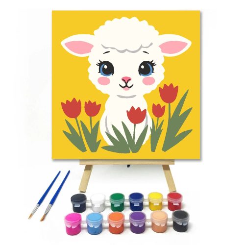 Kisbárány a tulipánok között - gyerek számfestő készlet - Számfestő.hu - 20×20cm - Keretre feszítve